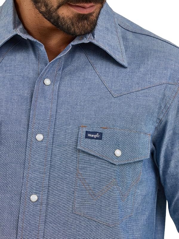 Wrangler Men's Cowboy Cut Western Long Sleeve Snap Work Shirt Firm Finish, Chambray Blue, Large Tall by Wrangler - Image 3