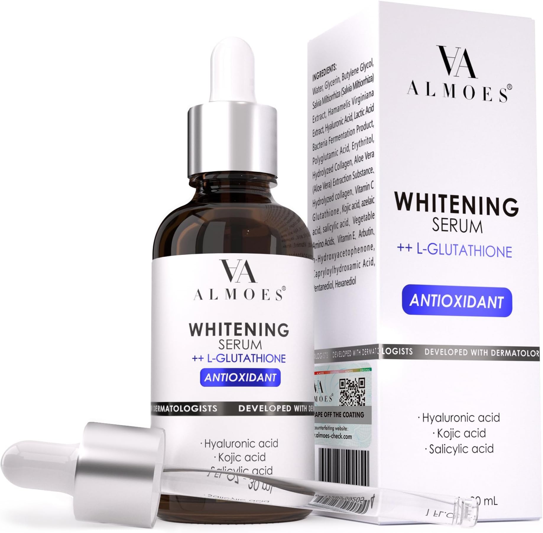 AA almoes L-Glutathione Serum for skin Brightening, Balance skin tone, Improve Elasticity- With Hyaluronic acid, Salicylic acid, Kojic acid, 30ML, Pack Of 1