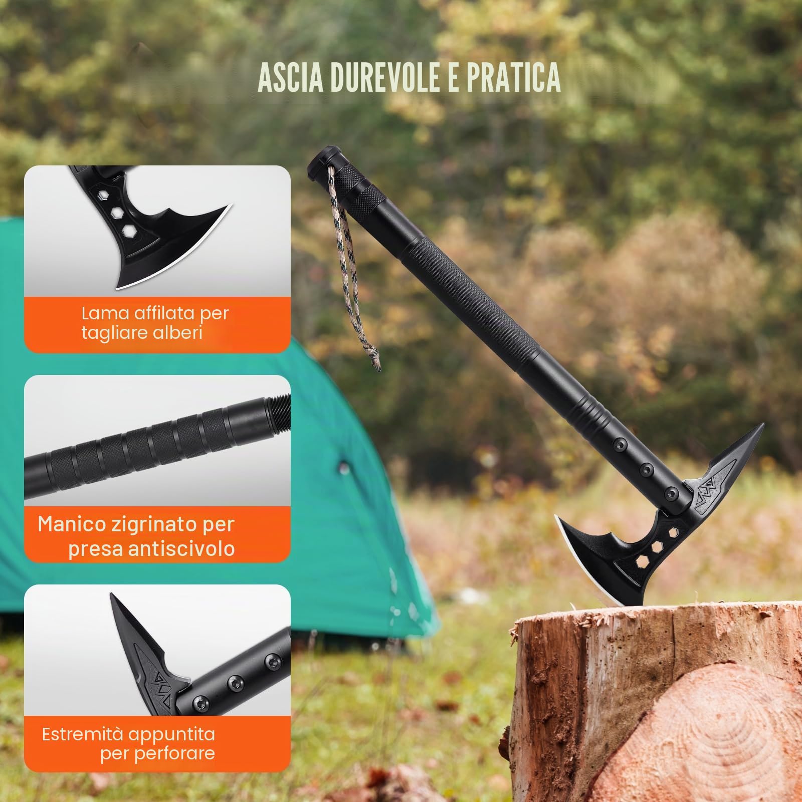 VEVOR Survival Shovel Axe, Pale Pieghevoli da Campeggio con Ascia, Combo Pala in Acciaio Inox 28 Pezzi di Accessori, Attrezzatura per Sopravvivenza Emergenza per Campeggio ed Escursionismo