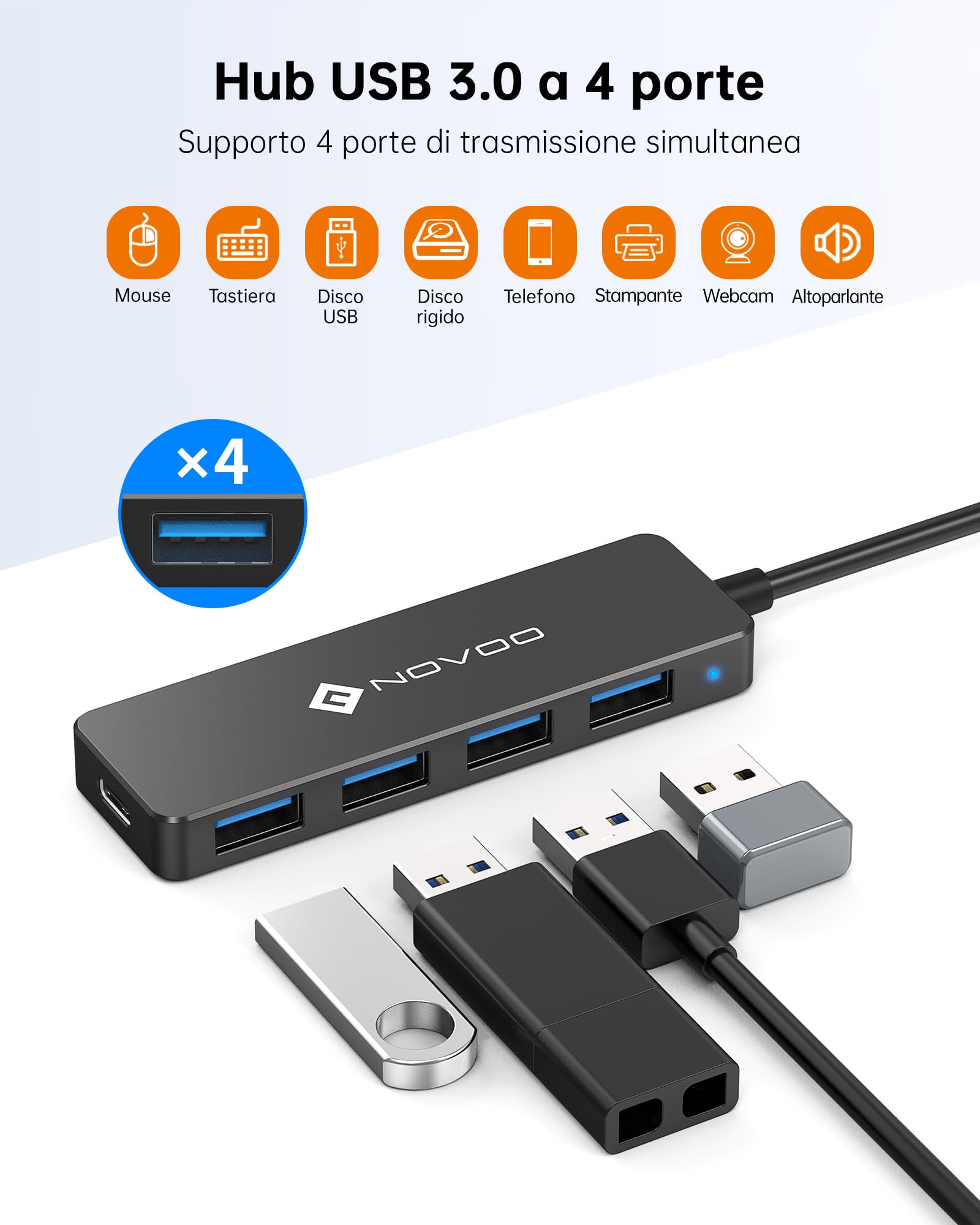 NOVOO Hub USB C 4 Porte USB 3.0, Trasferimento Dati 5 Gbit/s, Adattatore USB Porta Semplice e Pratico, Cavo Prolungato da 60 cm, Sdoppiatore USB per MacBook, Laptop, Disco Rigido Mobile