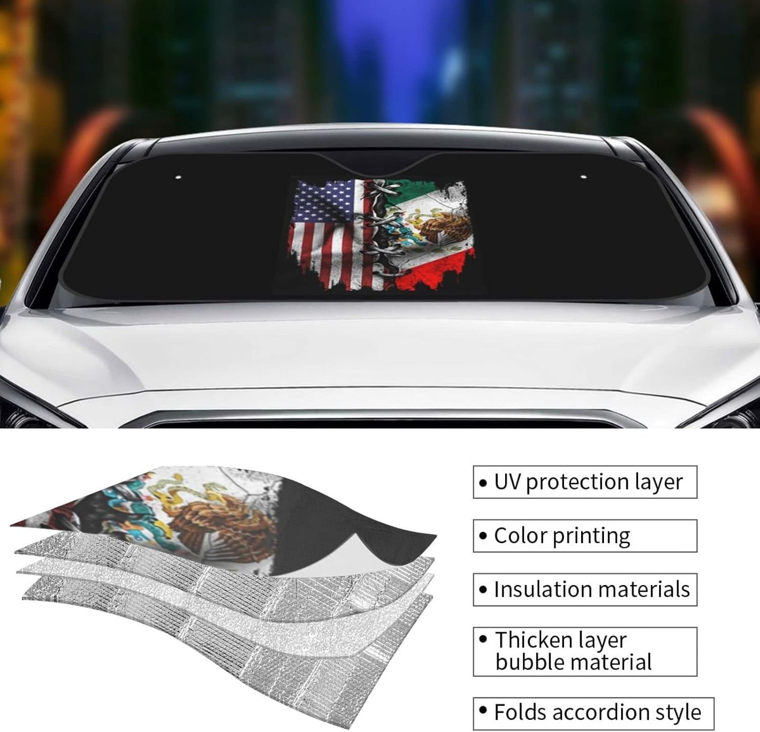 Mexican American Flag Windshield Sun Shade Blocks Uv Rays Windshield Visor Foldable Sun Visor