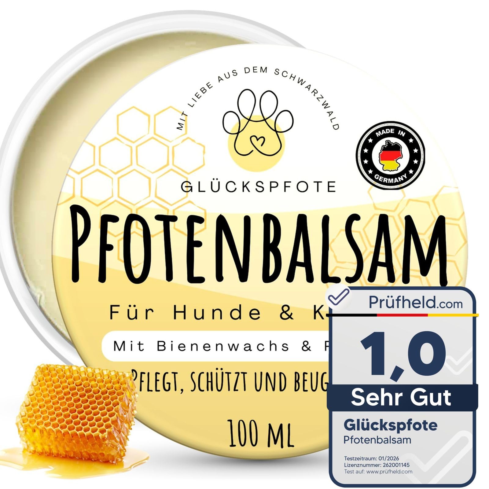 GLÜCKSPFOTE ®Pfotenbalsam 100ml für Hund Katze [Testsieger] | Verbesserte Rezeptur - mehr Bienenwachs - gegen trockene rissige Pfoten | Pfotenpflege als Pfotenschutz f. Sommer Winter f. Hunde Katzen