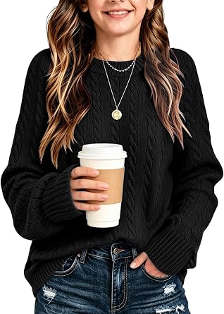 Girls Sweaters Winter Tops Kids School Picture Teen Fashion Long Sleeve Crew Neck Cable Knit Casual Fall Cozy Pullover