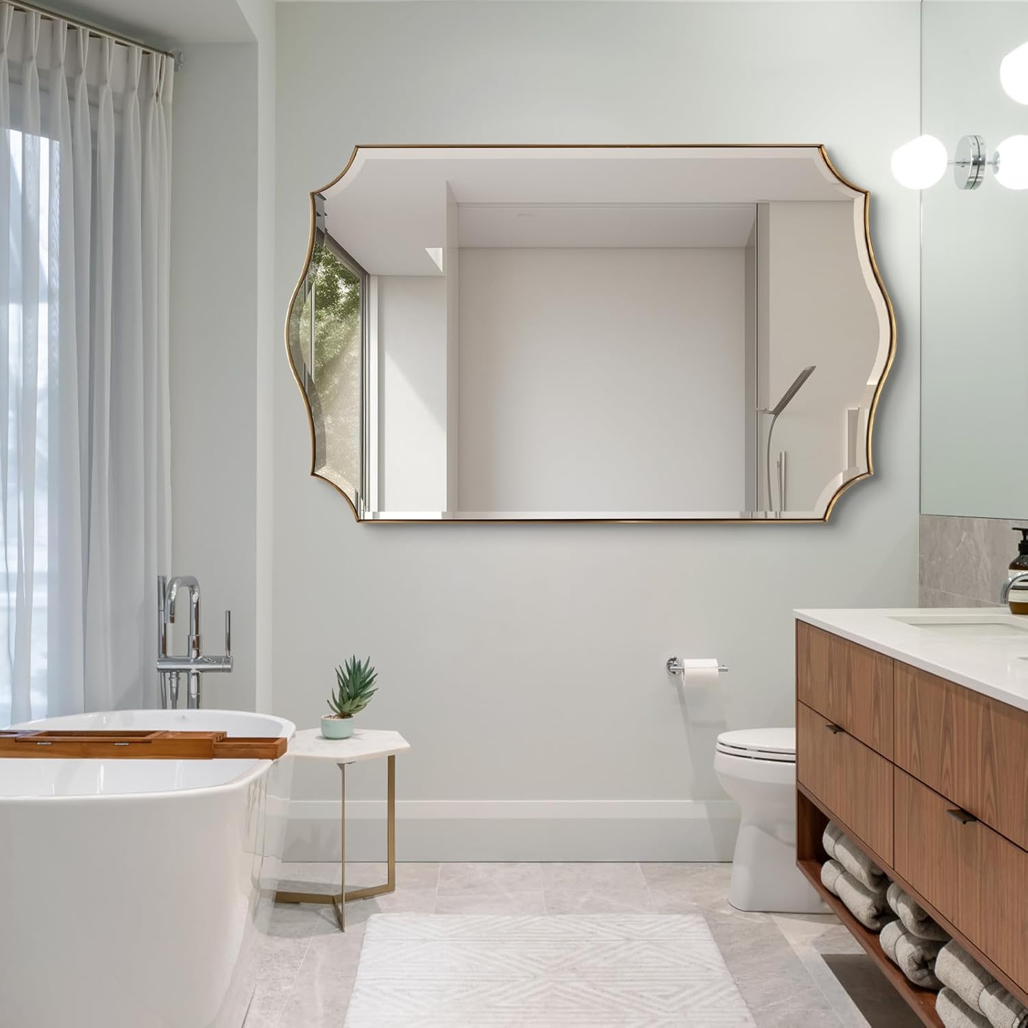POZINO Scalloped Beveled Mirror, 30"x48" Brushed Gold Rectangle Bathroom Vanity Mirrors, Modern Irregular Wavy Wall Mirror for Living Room Bedroom Fireplace Entryway, Horizontal/Vertical Hanging