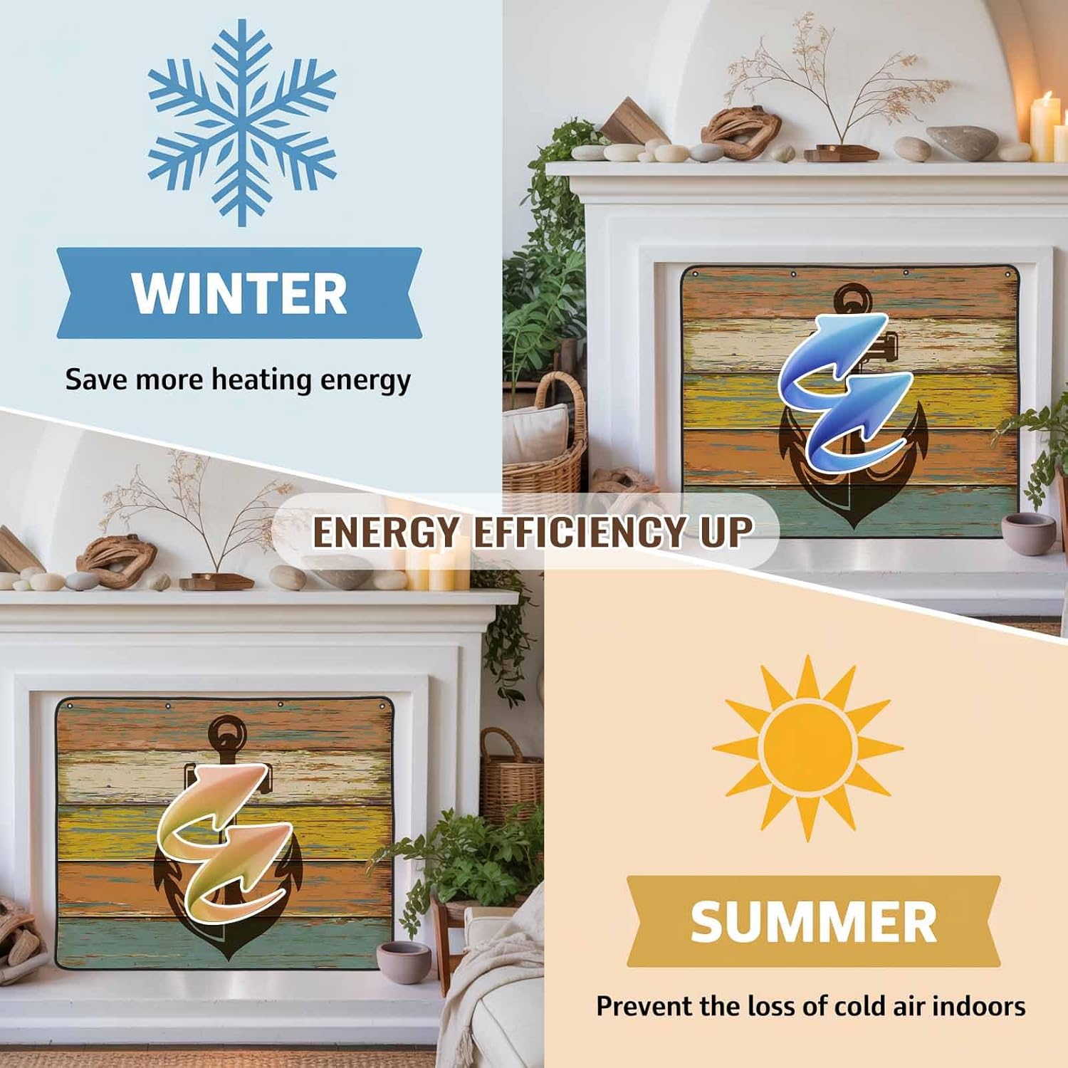 Magnetic Fireplace Cover Nautical Anchor Fireplace Screen Decorative Vintage Rustic Wood Grain Insulation Fireplace Blocker Save Energy Fireplace Draft Stopper Covers for Living Room 36x30 Inch