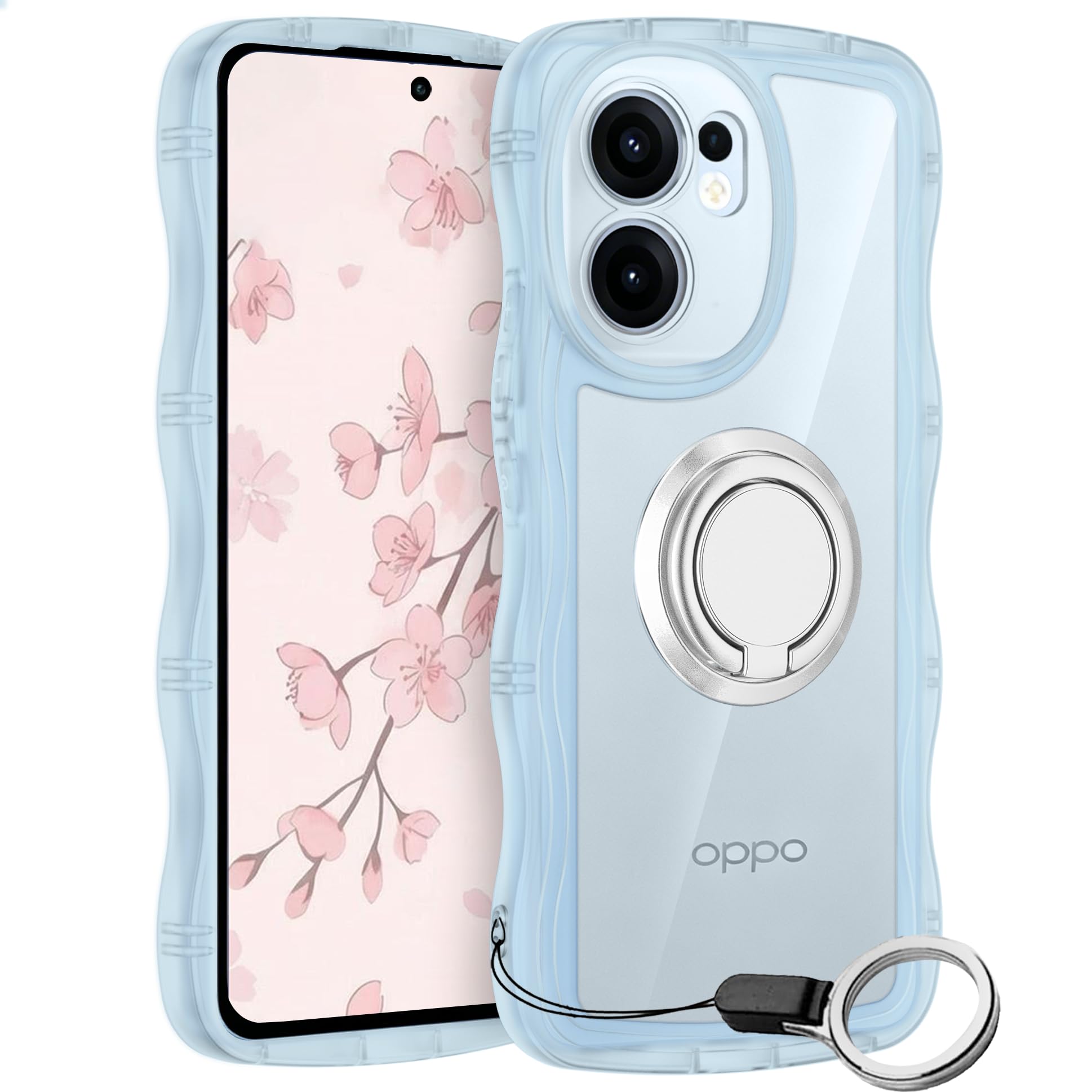 OPPO Reno13 A 用 ケース かわいい リング付き カバー クリア韓国 TPU ウェーブ おしゃれ 可愛い 人気 シンプル ストラップホール付き 滑り止め 薄型 軽量レンズ保護 耐衝撃 シリコンバンパー オッポ Reno13A 用スマホケース(ブルー)