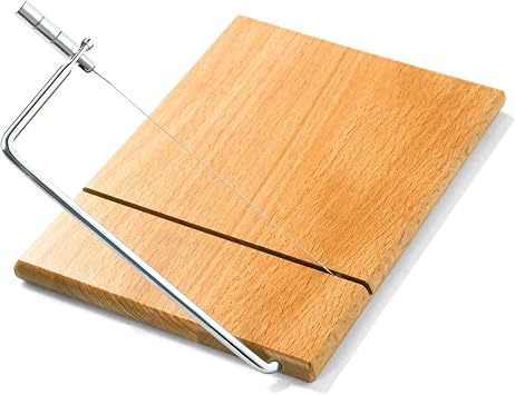 LZMS Wooden Cheese Cutting Board, Cheese Slicer Kit with Replaceable Stainless Steel Cutting Wire, Guillotine for Effortless Block Cheese, Sausage, Ham and Jerky SlicingBeechwood