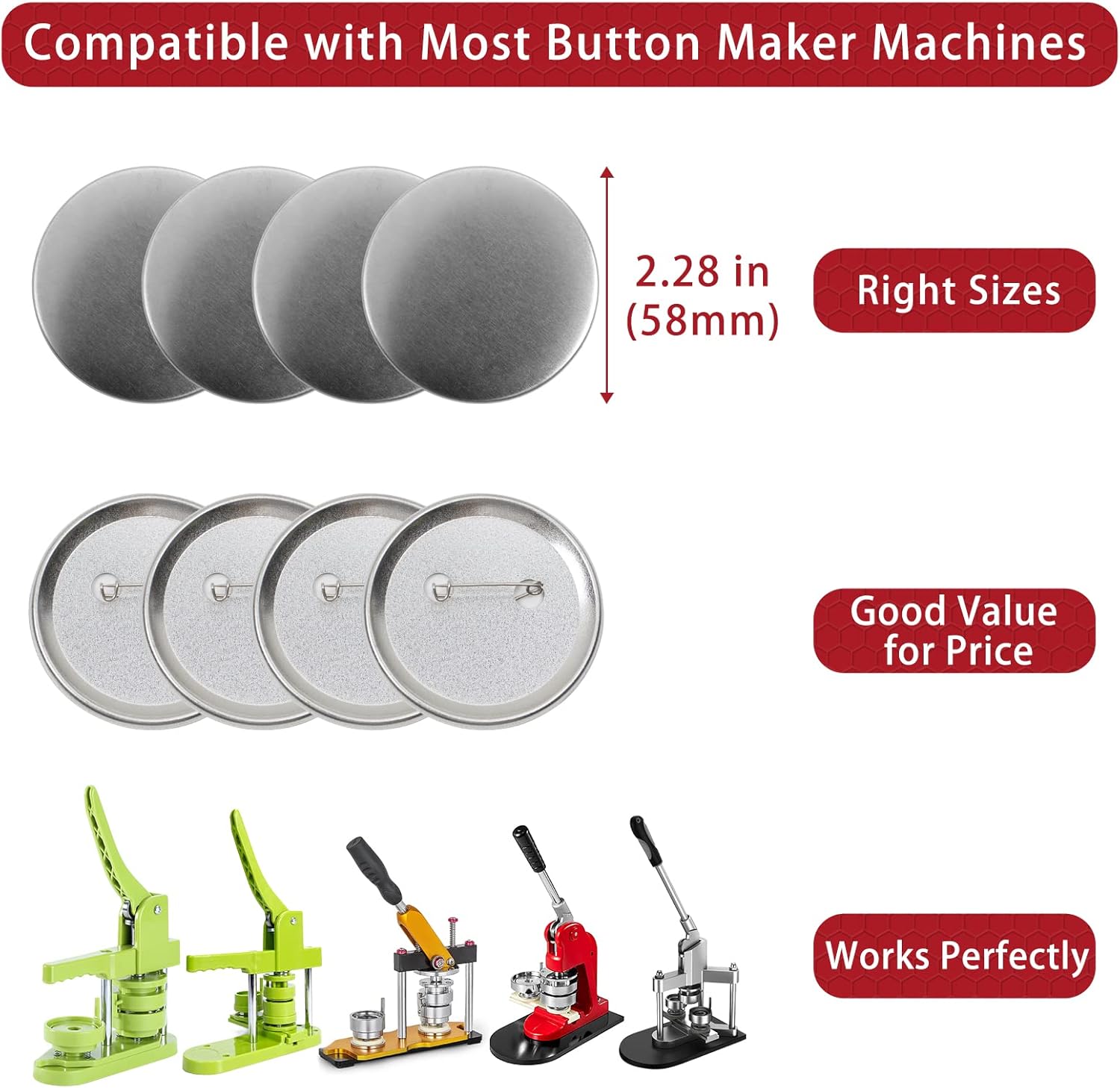 200 Sets Button Maker Supplies, 58mm / 2.28 inch Button Supplies Buttons Parts, (Approx. 2.25 inch) Metal Blank Badge Parts with Blank Paper for Buttons Maker Machine Pin Maker Press 2.28 in/58mm