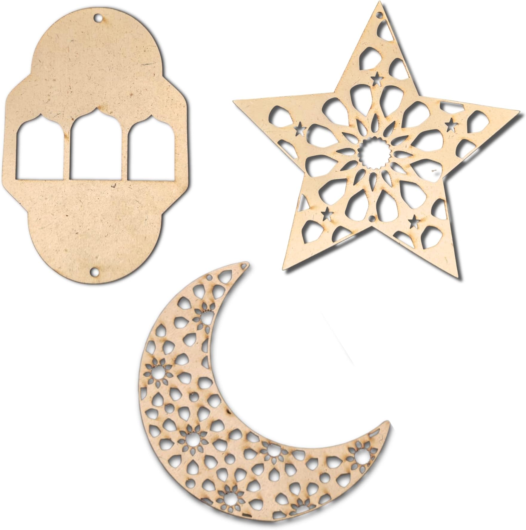 Eid Home Decor Set – Ramadan Crescent Moon, Stars & Lantern Wooden Cutouts | MDF Islamic Wall Decoration | Stylish Ramadan & Eid Gift for Festive Home Decor Set of 3