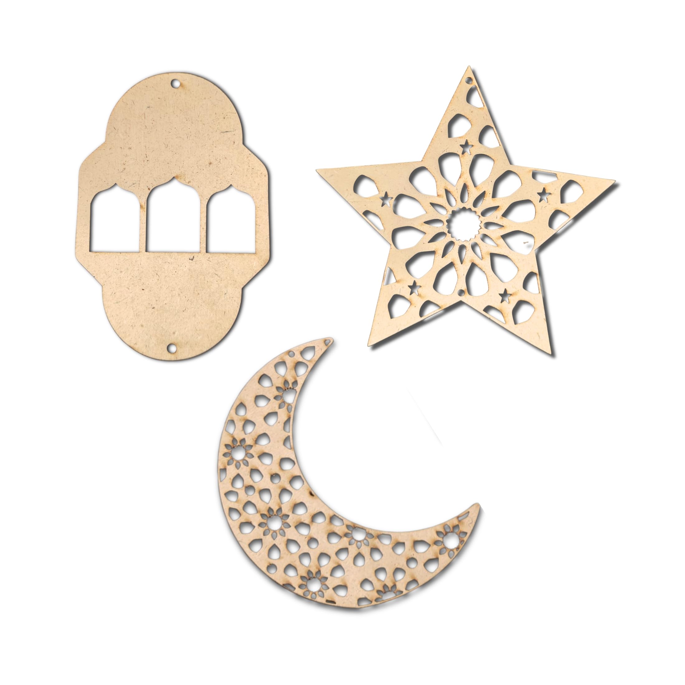 Eid Home Decor Set – Ramadan Crescent Moon, Stars & Lantern Wooden Cutouts | MDF Islamic Wall Decoration | Stylish Ramadan & Eid Gift for Festive Home Decor Set of 3