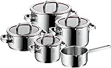 WMF Function 4 5-Piece Induction Saucepan Set, Glass Lid with 4 Pouring Functions, Polished Cromargan Stainless Steel, Induction Pots Set, Inner Scale - 1