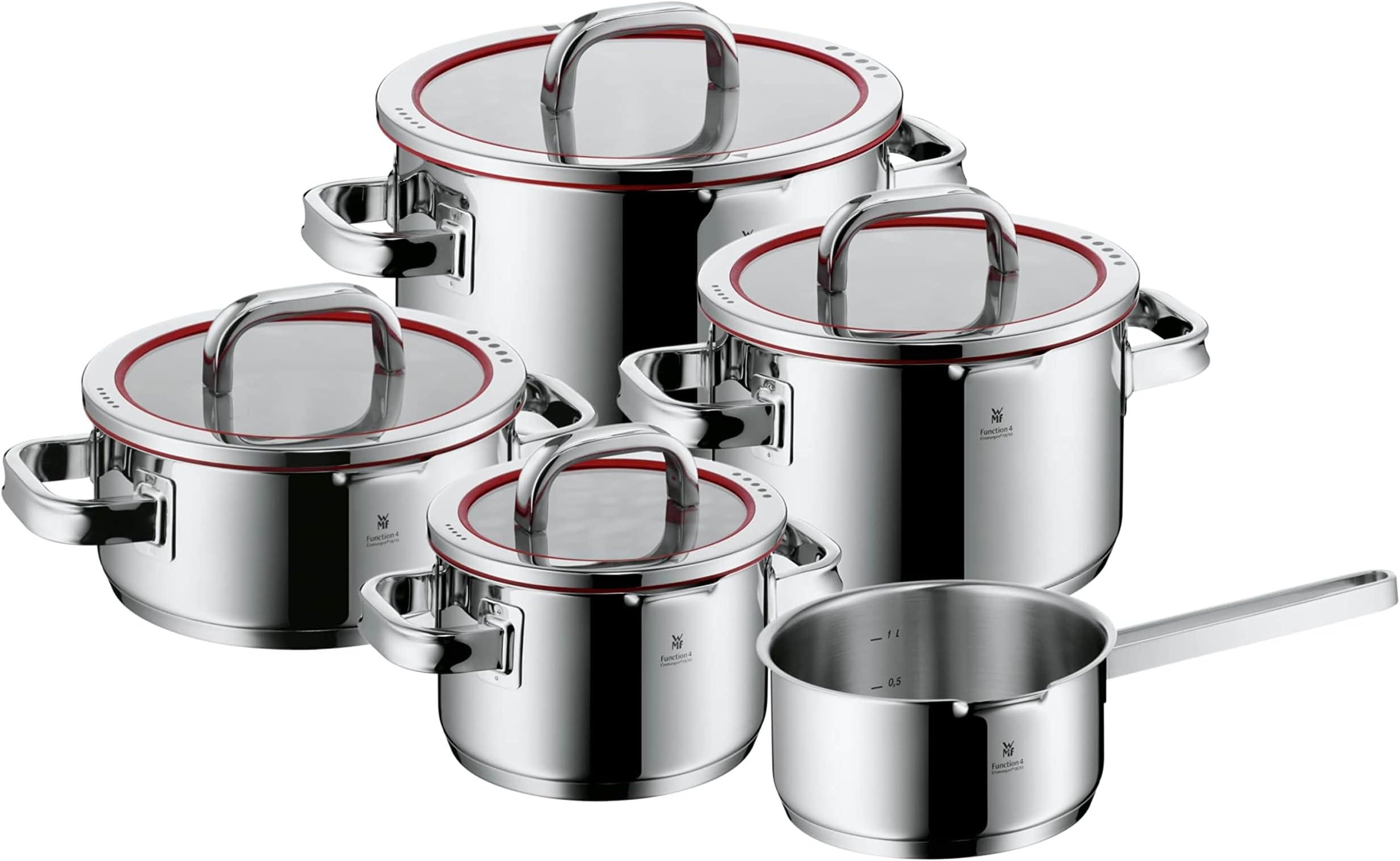 Function 4 5-Piece Induction Saucepan Set, Glass Lid with 4 Pouring Functions, Polished Cromargan Stainless Steel, Induction Pots Set, Inner Scale