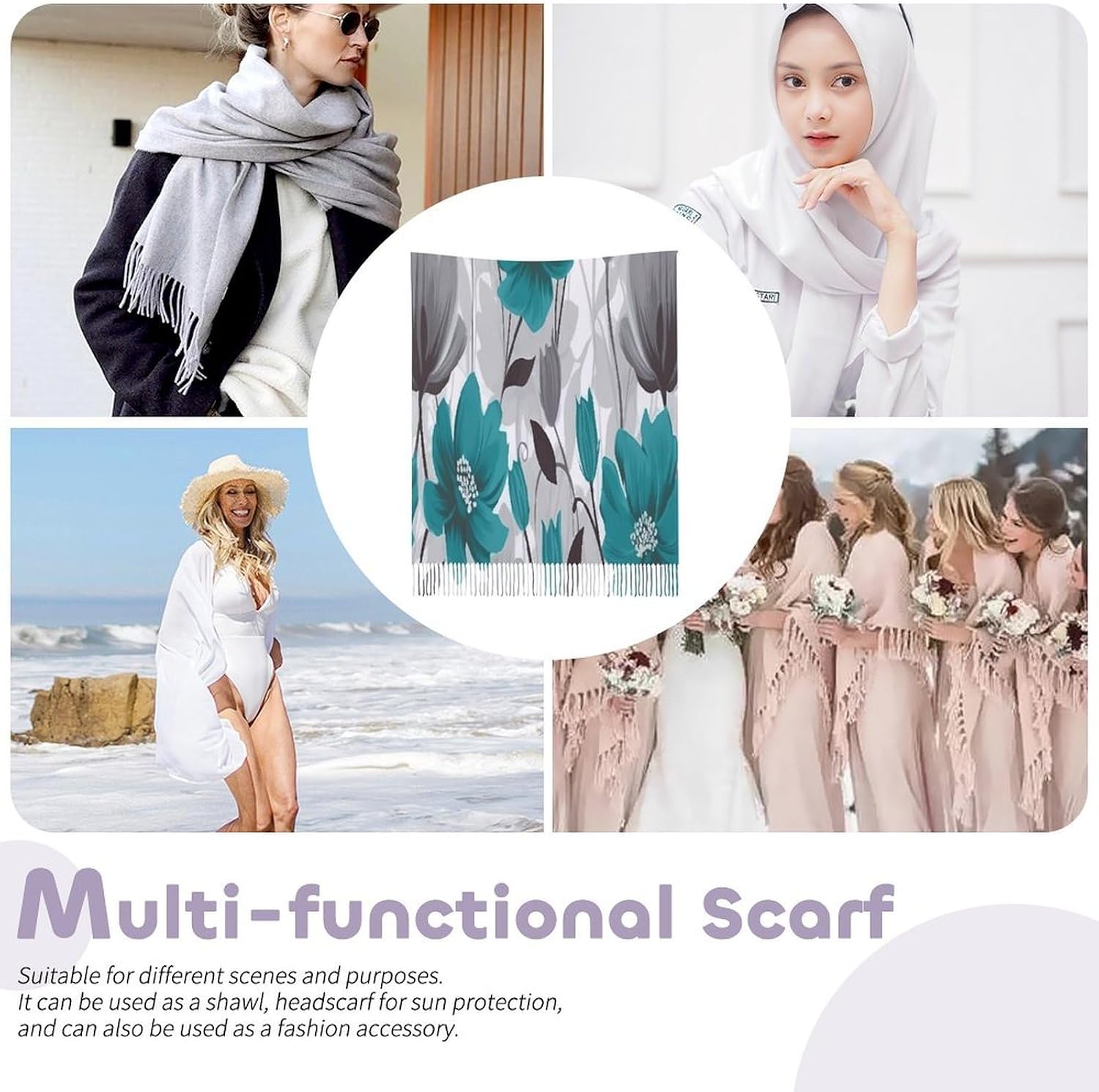 Teal Grey And White Floral1 Scarf for Women Men Soft Warm Fashion Blanket Scarves Classic Cashmere Feel Scarf Long Shawl Large Scarves Cold Weather Thick Blanket Scarfs