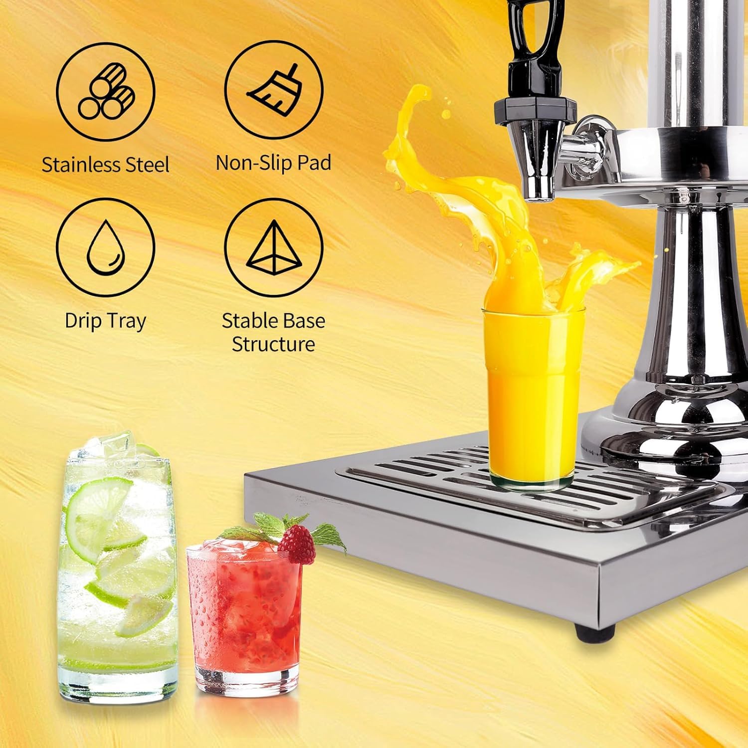 Dispensador de bebidas con soporte, dispensador de bebidas para fiesta, dispensador de tarro de agua de acero inoxidable con recipiente de hielo, espiga, jarra de bebida para fiestas en casa 5