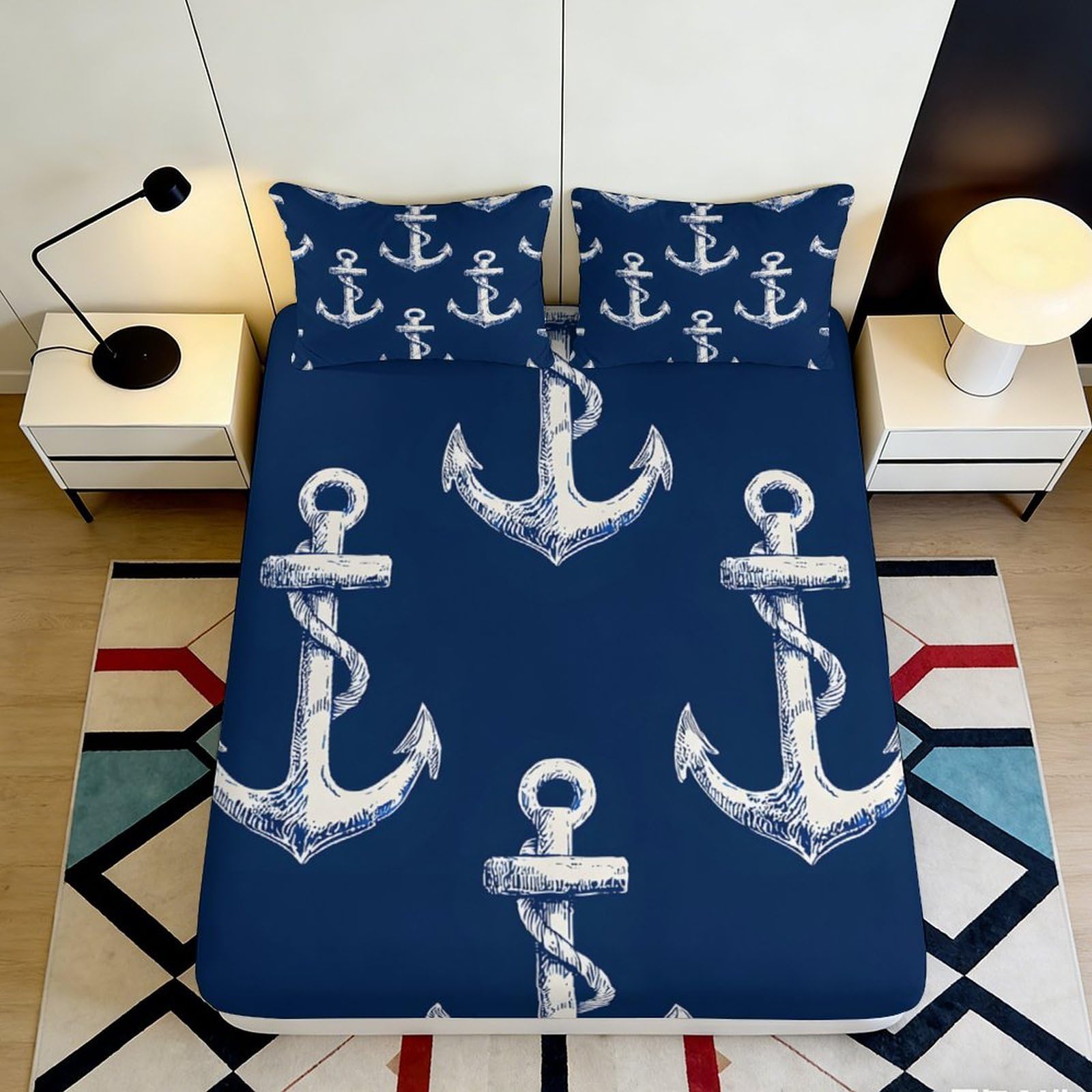 Dhbaneiok Style-9 3D Printed Nautical Anchor Fitted Sheet Microfiber Blue Maritime Rope Mattress Cover For Bedroom Dorm Decor Protection 90X200x25cm