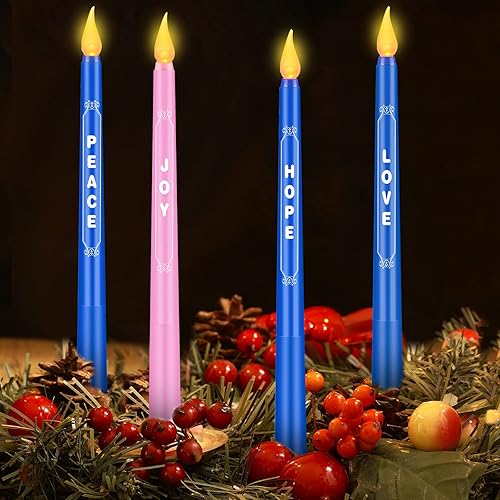 Spiareal Juego de 4 velas de Adviento de Navidad de 10 pulgadas, sin llama, con palabras, esperanza, amor, paz, alegría, calendario azul y rosa,