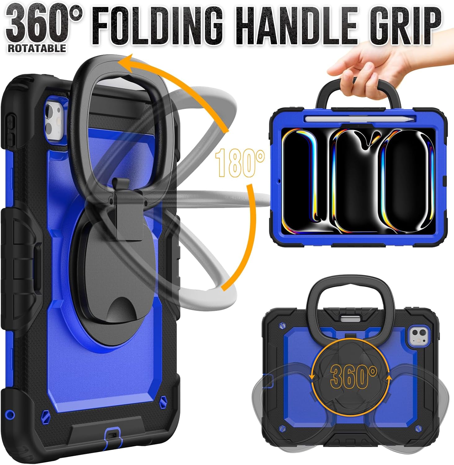 for iPad Pro 11 inch Case M4 2024 / M5 2025: Heavy Duty Shockproof Protective Case with Pencil Holder - 360°Rotating Handle/Stand - Screen Protector - Shoulder Strap, Black/Blue