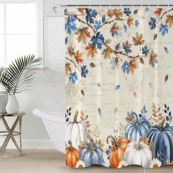 Orange Blue Pumpkin Fall Shower Curtain, Stall Bathroom Curtains for Bathtub, Thanksgiving Maple Leaves Branch Waterproof Fabric Shower Curtain Set with 12 Hooks, Small 36" x 72"