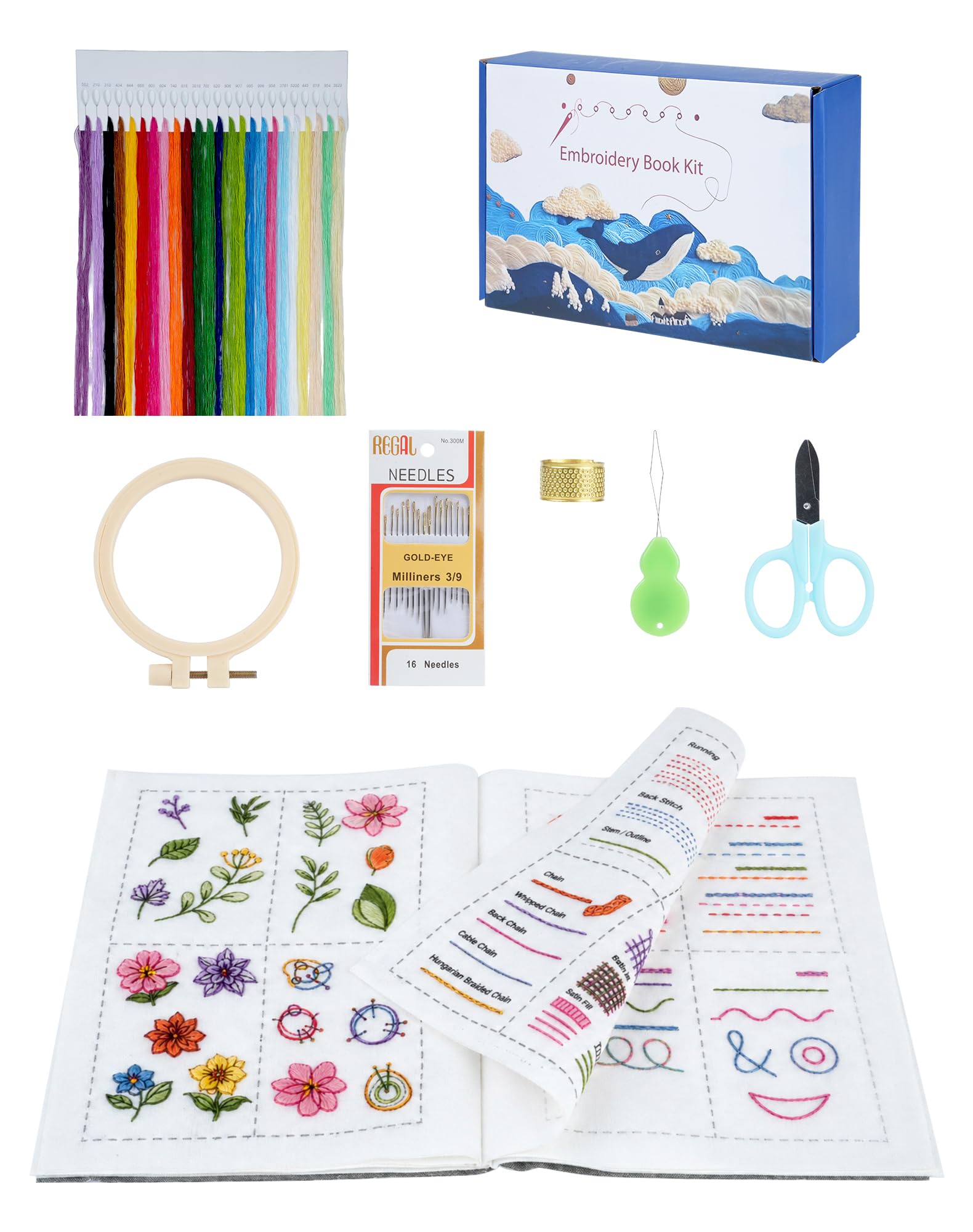 Stickbuch mit Stickstichen Komplettes DIY Stickbuch zum selber Sticken Stickset für Anfänger Erwachsene inkl. Garn Nadeln Übungsstoff, Systematisches Lernset Stickset Buch Stichbuch Embroidery Book