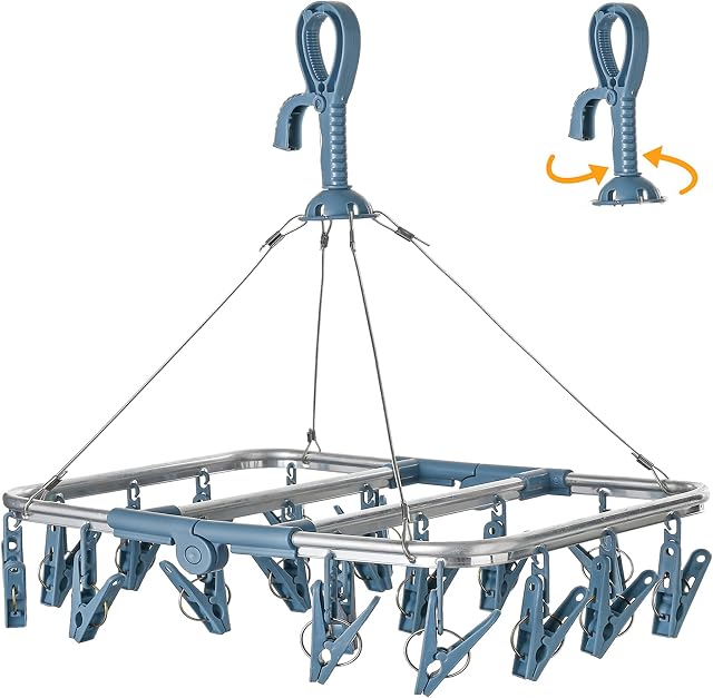 BYMYHO Sock Dryer for Washing Line Antirust Underwear Peg Hanger With 20 Pegs Folding Peg Airer