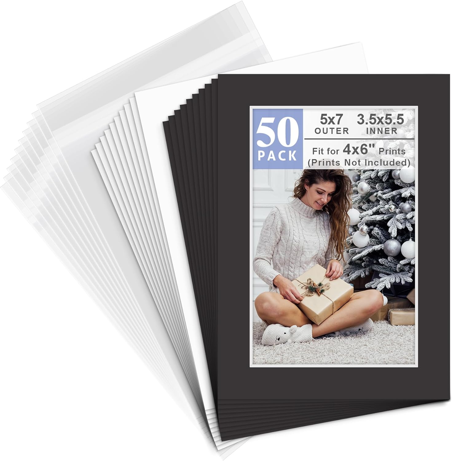 Golden State Art, Acid Free, Pack of 50, 5x7 Black Picture Mats Mattes with White Core Bevel Cut for 4x6 Photo