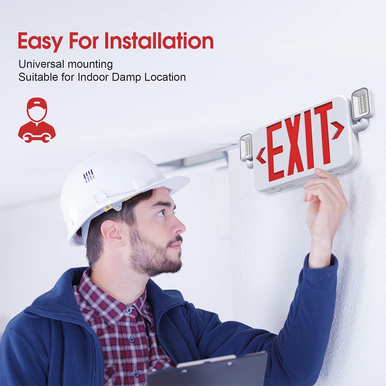 Luz LED combinada de señal de salida de emergencia, con dos luces delanteras ajustables y baterías de repuesto, luz de salida de emergencia comercial con letra roja estándar de EE. UU., UL 924