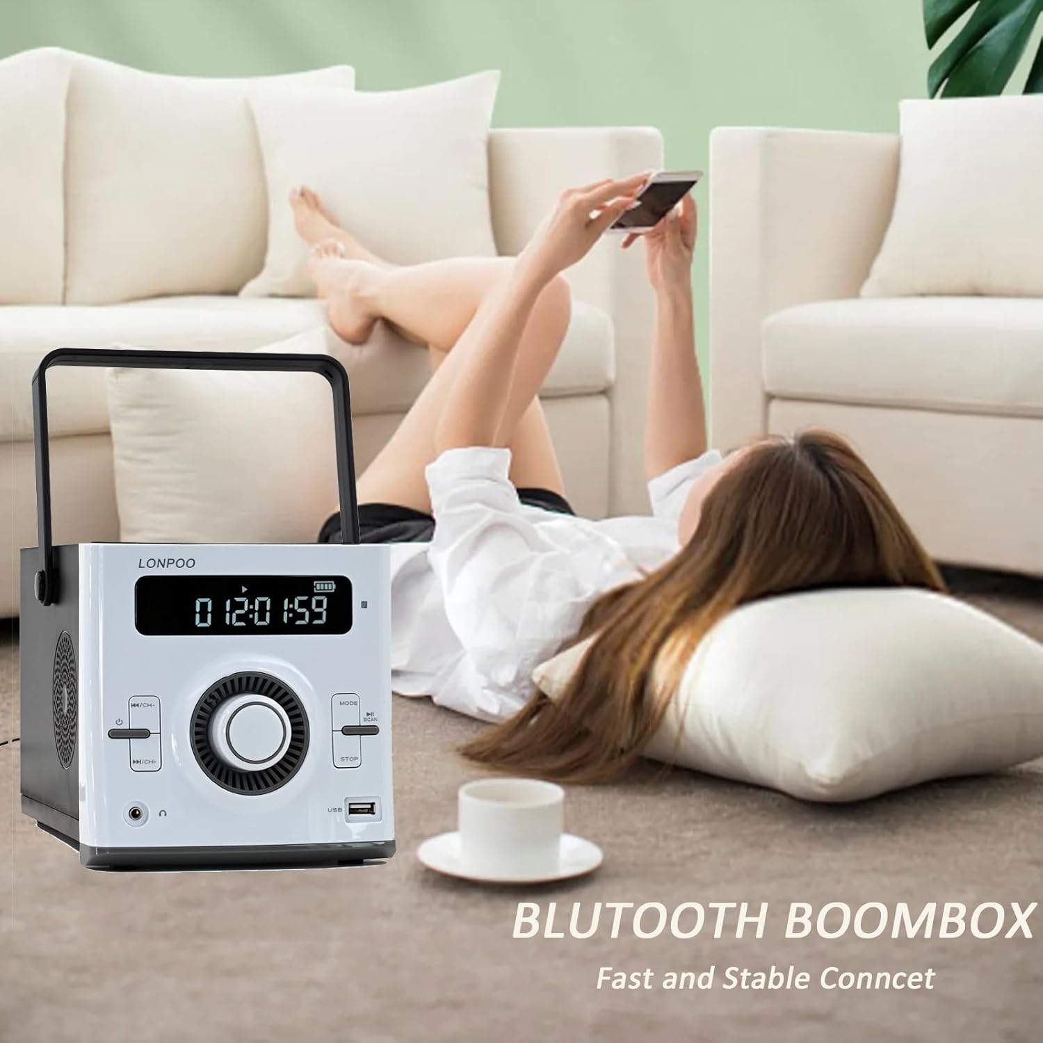 LONPOO LP-118B in a living room setting, highlighting Bluetooth connectivity