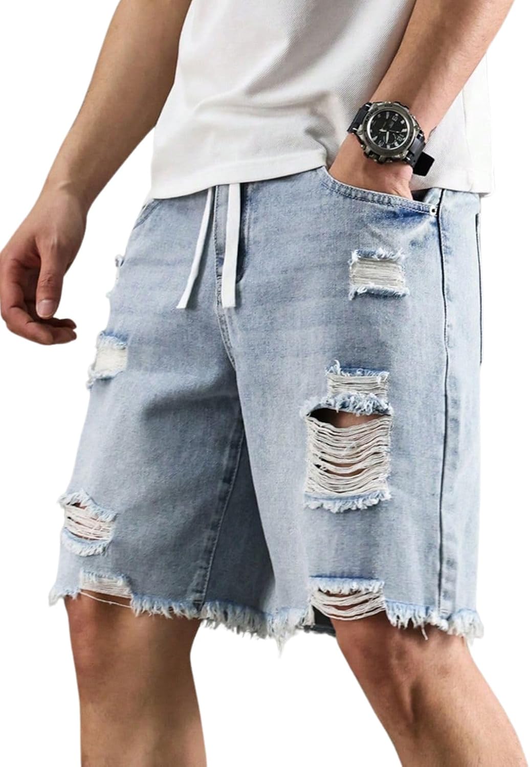 Verdusa Men's Distressed Ripped Jean Shorts Summer Jorts Denim Bermuda Shorts with Pockets