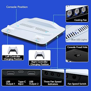 Mcbazel PS5 Cooling Stand with Controller Charger for PS5/Slim/Pro, White