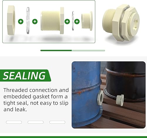 Miniatura 4 de TAISHER Adaptador de conector de tanque de mamparo de 1 pulgada de ABS blanco con tapones y junta para tanque de agua, barriles de lluvia, acuarios,