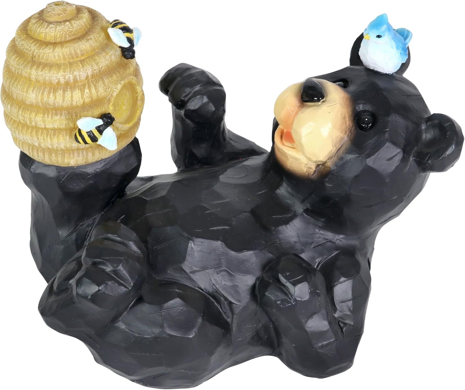 Exhart Garden Sculpture, Solar Black Bear Statue with Blue Bird, LED Bee Hive, Hand Painted Outdoor Garden Decoration, 9.5 x 7.5 Inch