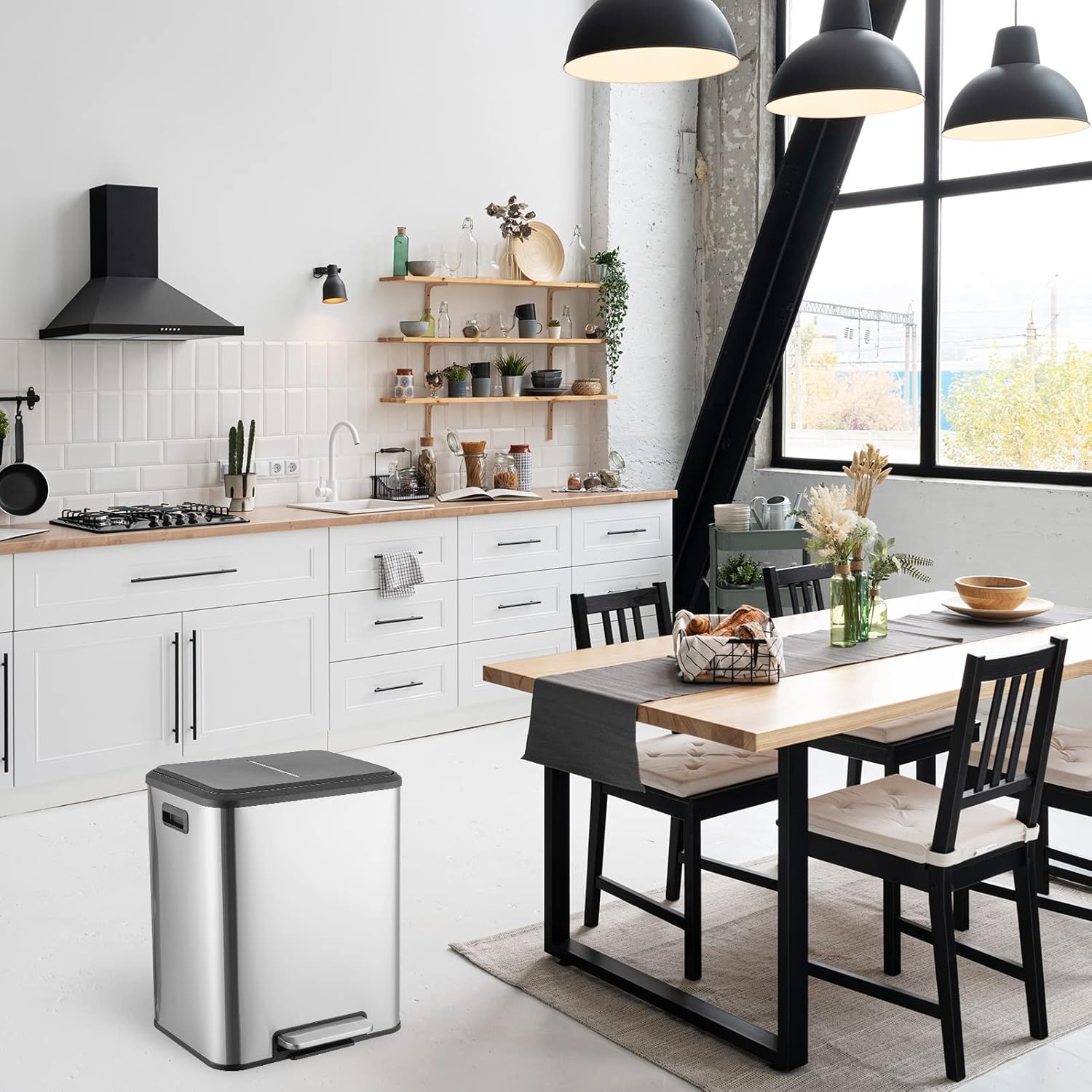 Garvee Dual Trash Can for Recycling and Trash, Stainless Steel Kitchen Trash Can with Lid and Foot Pedal, Double Compartment Garbage Can, with Recycling Bin (Silver, 8 Gallon(2x4Gal))