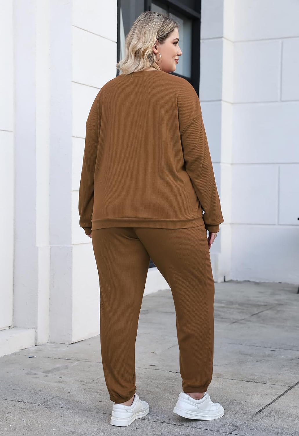 Nemidor Womens Plus Size 2 Piece Fall Matching Lounge Sets Tracksuits Casual Ribbed Knit Long Sleeve Outfits with Pocket - Image 3