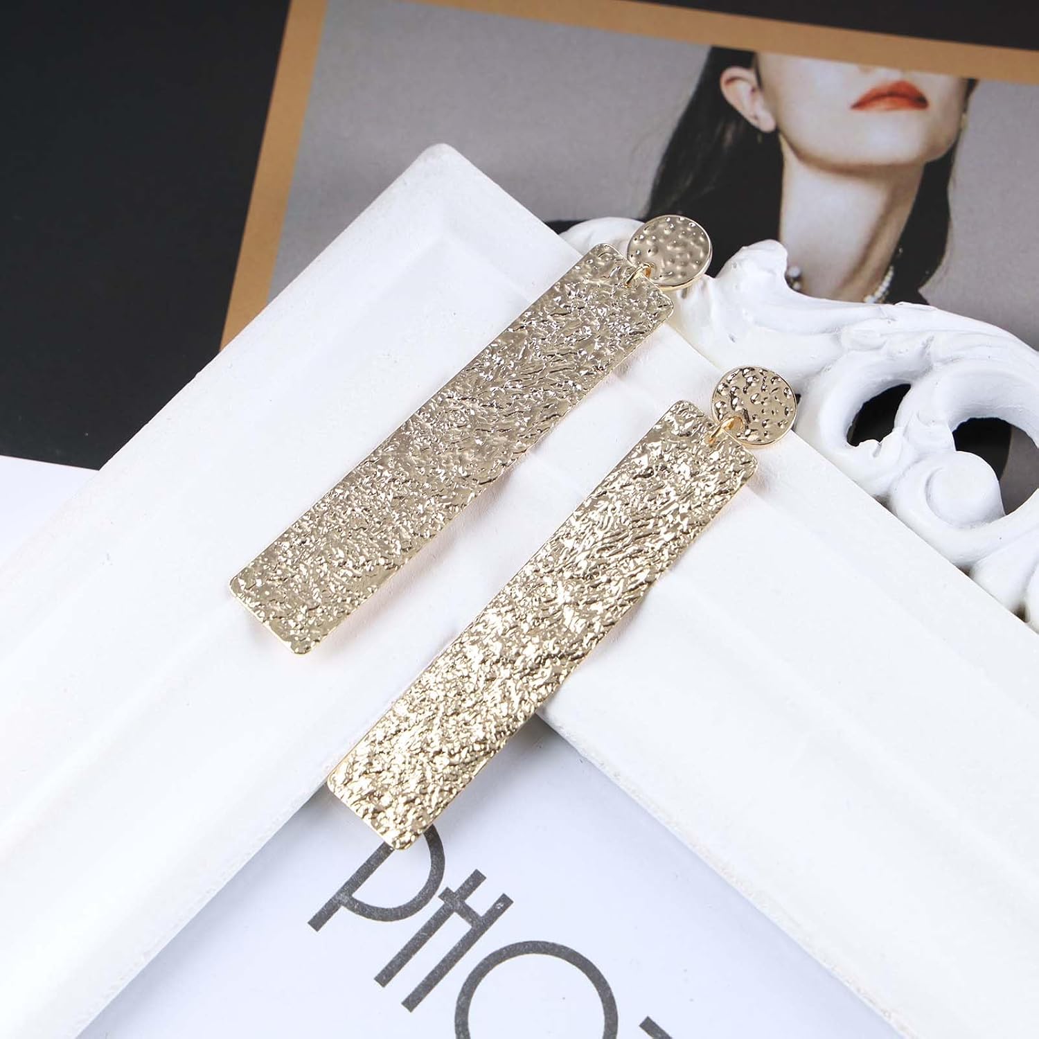 Andelaisi Boho Hammered Square Drop Earrings Gold Hammered Texture Square Dangle Earrings Long Square Studs Earrings Geometric Texture Coin Earrings Jewelry for Women - Image 5