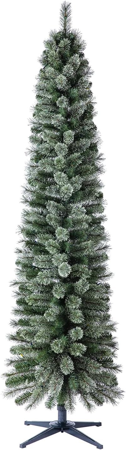 Home Heritage 7ft Stanley Pre-Lit Christmas Tree – Artificial Pencil Pine with Multicolor Incandescent Lights and 360° Rotating Metal Stand for up to 7.5ft Trees, Gold