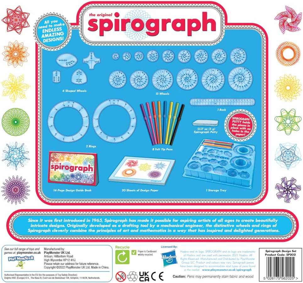 Back of Spirograph box showing all components laid out