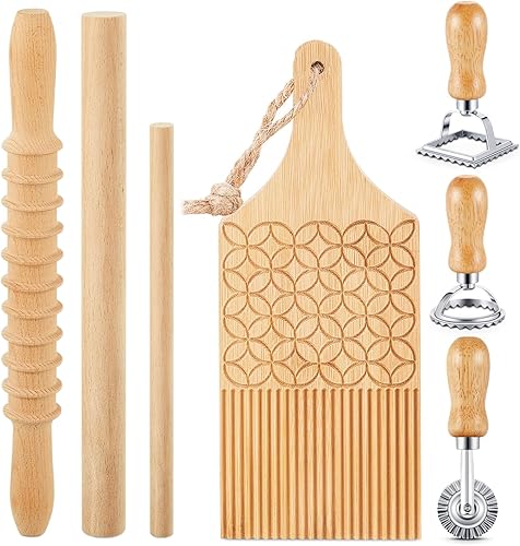 Miniatura 10 de Tioncy Juego de 9 herramientas para hacer pasta, tablero de ñoquis de madera con molde de ravioles, máquina de ravioles, sello de raviolo, rodillo