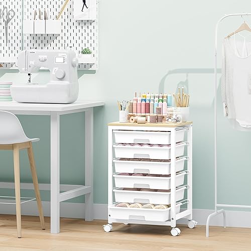 Miniatura 5 de Carrito de almacenamiento con ruedas con 6 cajones y mesa de madera para almacenamiento debajo del escritorio, color blanco