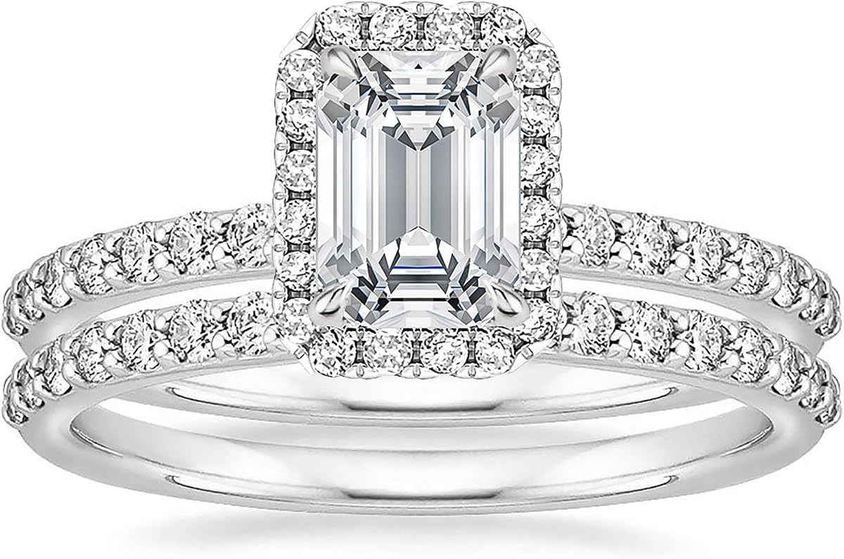 925 Sterling Silver Wedding Ring Set for Women Emerald Cut Size 3-12