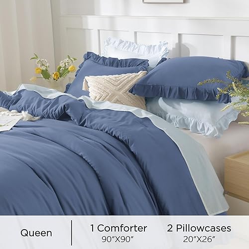 Miniatura 364 de Andency Juego de edredón beige tamaño King, 3 piezas estilo farmhouse shabby chic con volantes, ligero esponjoso suave de microfibra para todas