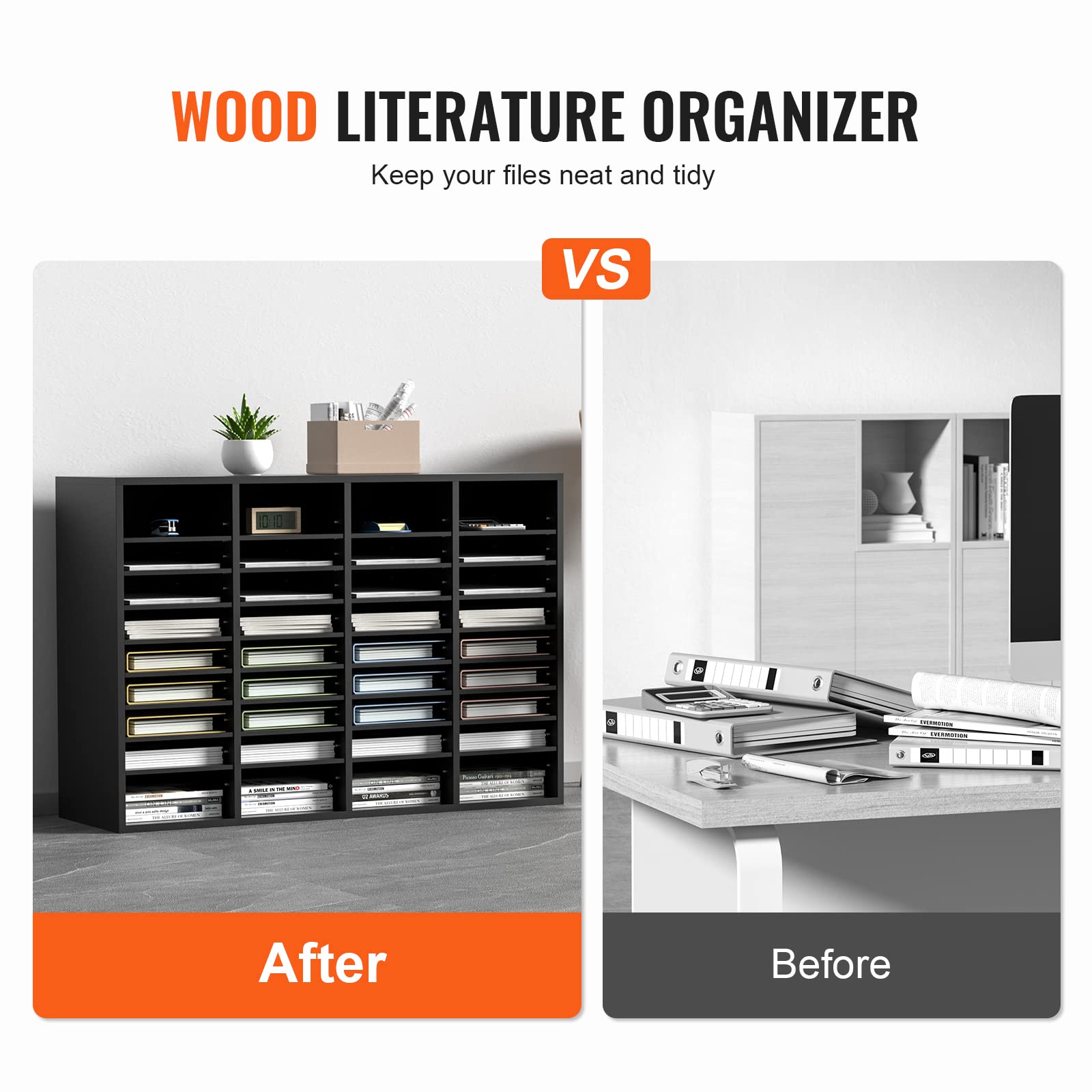 VEVOR Organizador de Literatura de Madera Aglomerado Estante de Almacenamiento de Documentos de 36 Compartimentos 99,7x30,5x68 cm Clasificador de Literatura con Estantes Ajustables para Oficina, Negro