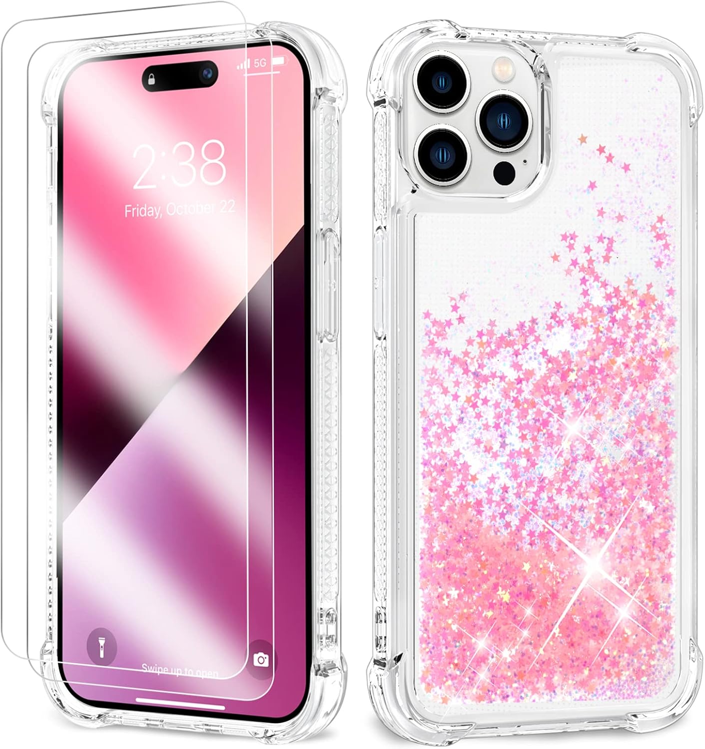 ANSHOW Compatible with iPhone 14 Pro Max Case Glitter, Shockproof Clear TPU Case with 2 Screen Protectors, Bling Light Pink Glitters for Women