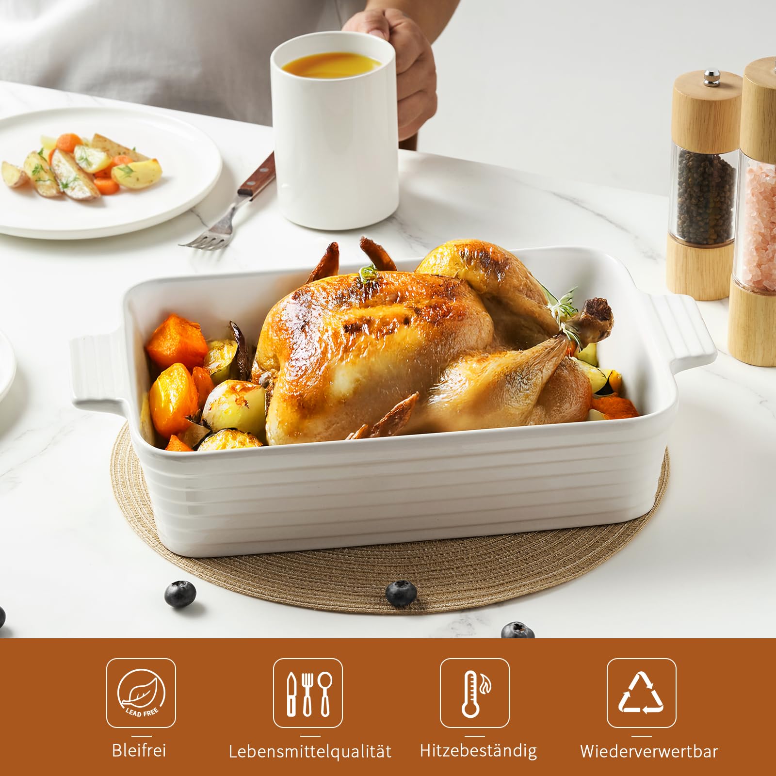 Jassceram Auflaufformen für den Backofen, 4,9 Liter Porzellan-Backform, Tiefe rechteckige Backform mit Griffen für Lasagne, Braten, Backofen und Spülmaschinenfest, großes Küchengeschenk, Weiß, 38,6 cm
