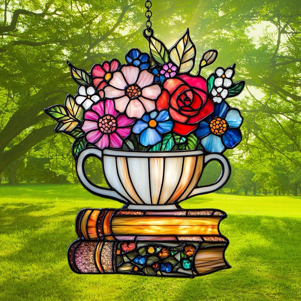 Floral Tea Cup and Books Acrylic Suncatcher Stained Glass Effect Window Car Hanging Christmas Ornament Indoor Outdoor Decor Garden Sun Catcher Panel for Book Lover for Women Mom Grandma
