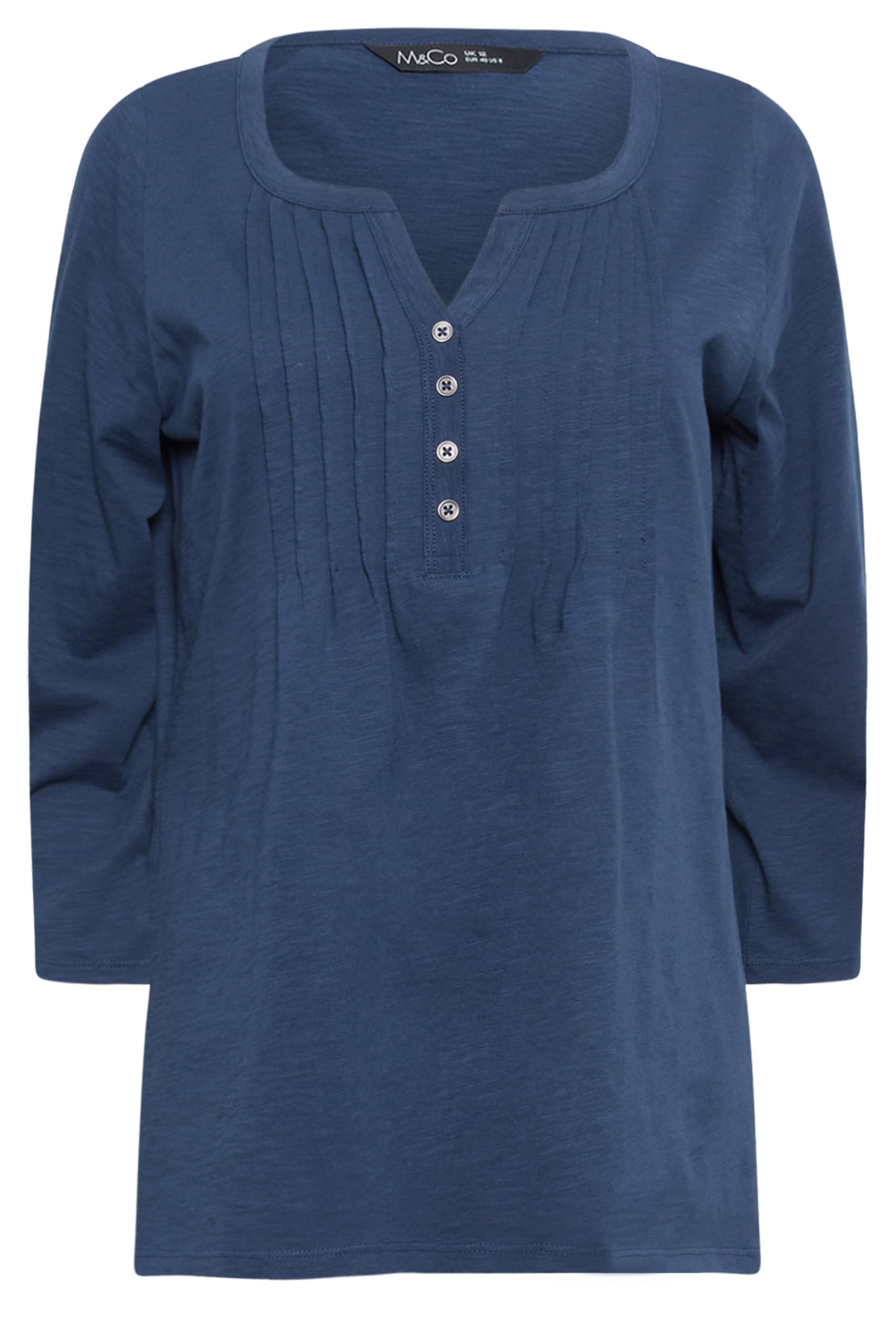 M&Co Women's Mid Navy Navy Blue Cotton Henley Top Size 18