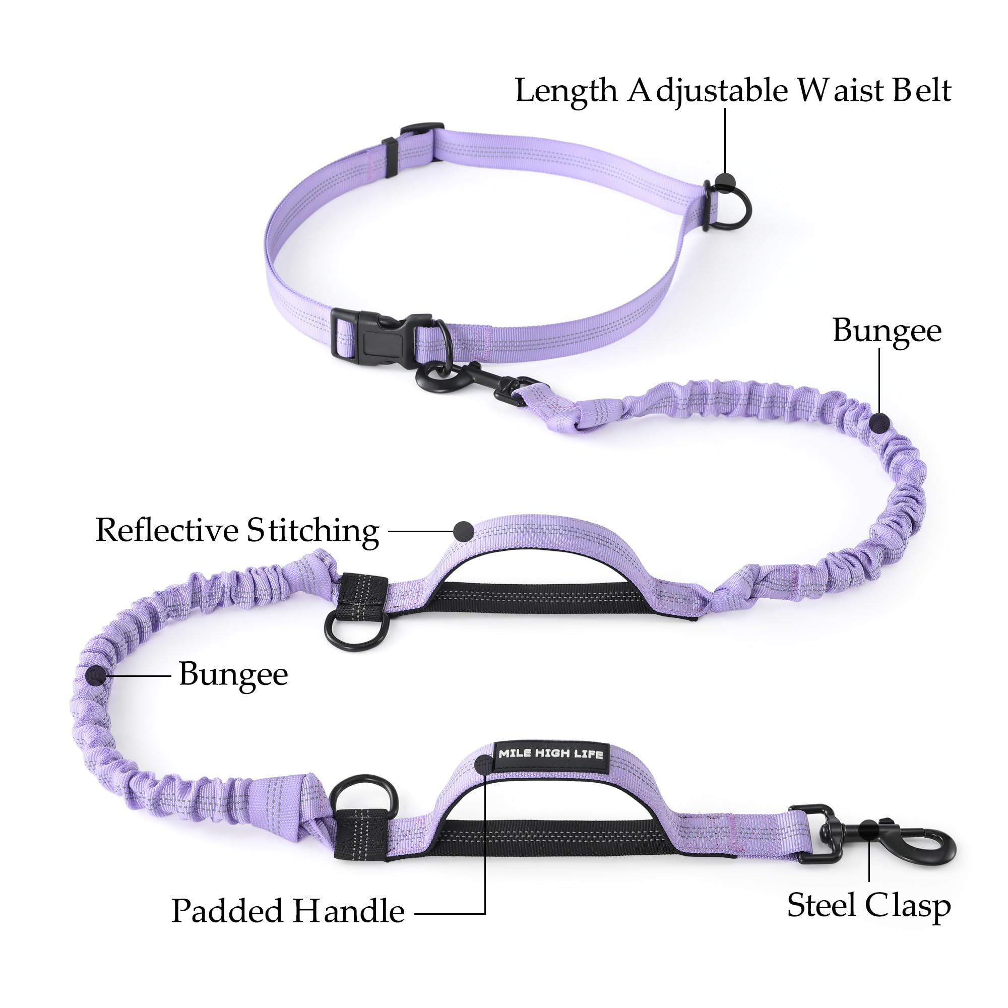 Mile High Life Hands Free Waist Leash for Dog Running Training and Jogging, Adjustable Belt with Double Handle, Reflective Bungee for Medium Large Dogs (Light Purple, 7FT) - image 4