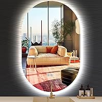 Vista 10 de Espejo de tocador ovalado retroiluminado de 16 x 24 pulgadas con luces, espejo ovalado iluminado para baño, antiniebla, 3 colores, regulable