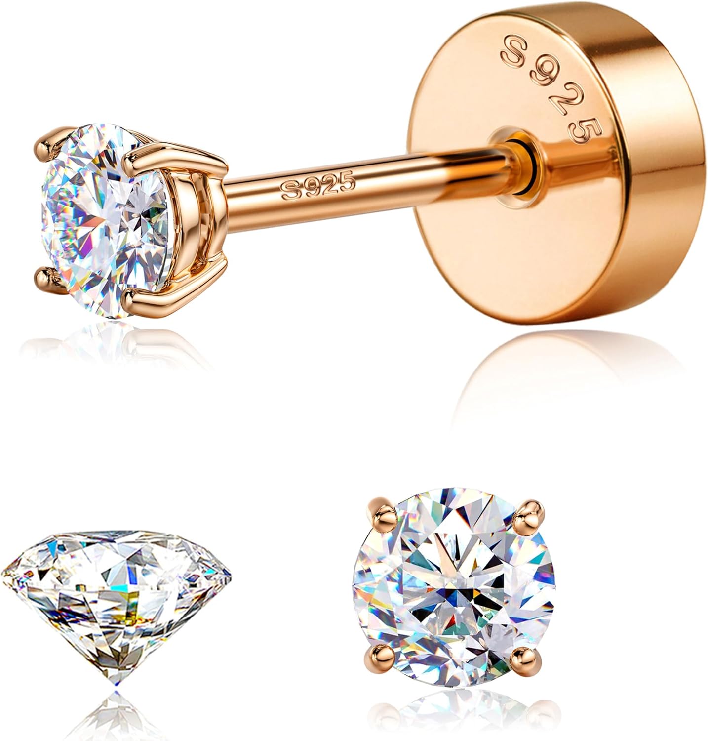 Moissanite Earrings Studs : 18K Gold Plated Solid 925 Sterling Silver Stud Earring for Women Men Hypoallergenic Dainty Moissanite Jewelry for Sensitive Ears Round Cut D Color VVS1 2-7.5mm