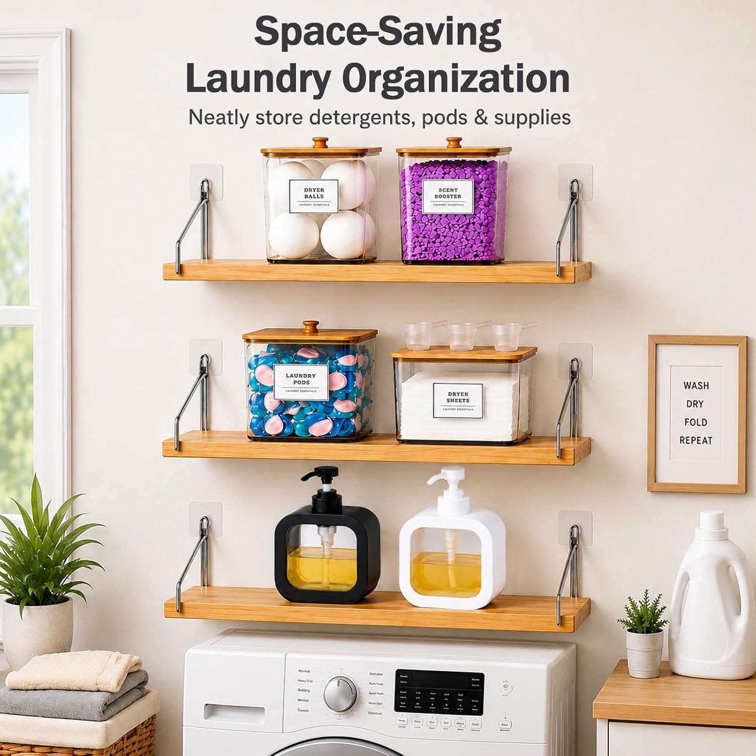 Laundry Room Organization and Storage Set, Clear Acrylic Laundry Pods Containers with Bamboo Lids, Wall Mounted Wood Floating Shelves, Laundry Detergent Dispenser Bottles for Laundry Supplies