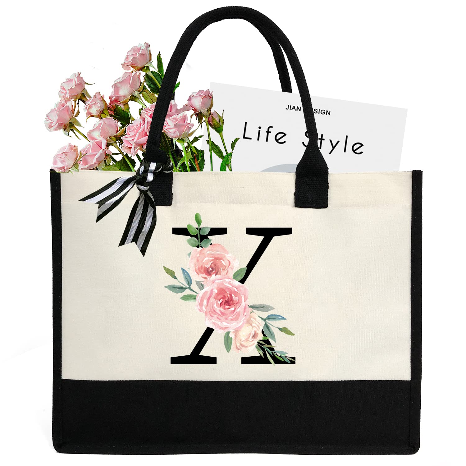 sundee Personalized Initial Canvas Beach Bag, Canvas Tote Bag with Inner Zipper Pocket, Monogrammed Gifts Tote Bag for Wedding, Birthday, Holiday - Letter X